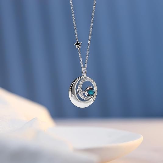 Birthstone Necklaces 925 Sterling Silver Moon and Star Pendant